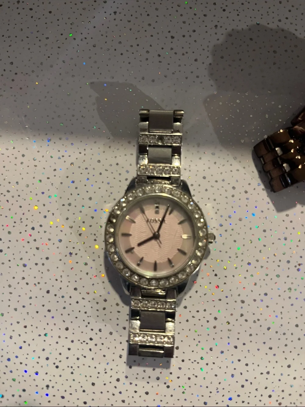 Fossil Silver accent  Bracelet Watch with Pink Dial and Crystal Accents